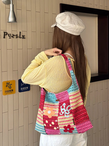 Colorful Crochet Tote Bag, Bohemian Floral Print Knit Shoulder Bag, Casual Summer Beach Bag for Women