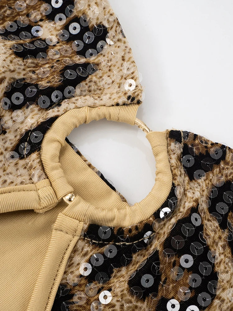 Leopard Print Dress Women Sequins Patchwork Sexy Hollow Strapless Backless Hot Girl Hipster Club Party Mini Bodycon