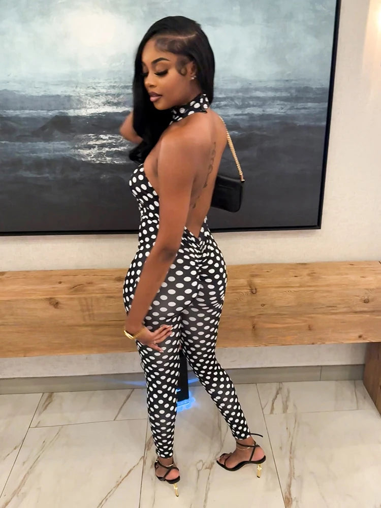 Backless Hollow jumpsuit Women Trend Polka Dot Print Halter Sleeveless Fashion Sexy Midnight Street Party Clubwear