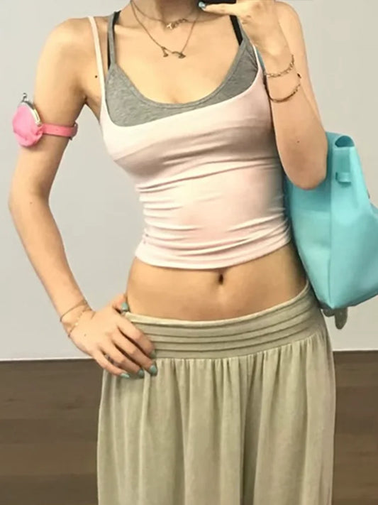 Simple Two Tops Women Mini Low-Neck Camisole+High Elasticity Solid Sexy Hottie Midnight Street Summer Classic Outfit