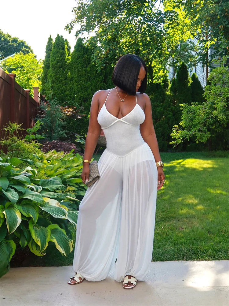 Backless Cross Bandage Jumpsuit Women Sleeveless Low-Neck Folds Patchwork Mesh Lantern Pant Leg Sexy Midnight Outfit