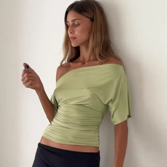 Asymmetrical One Shoulder Short Sleeve Shirts Woman Solid Color Casual Tops Summer Clothes for Woman 2025