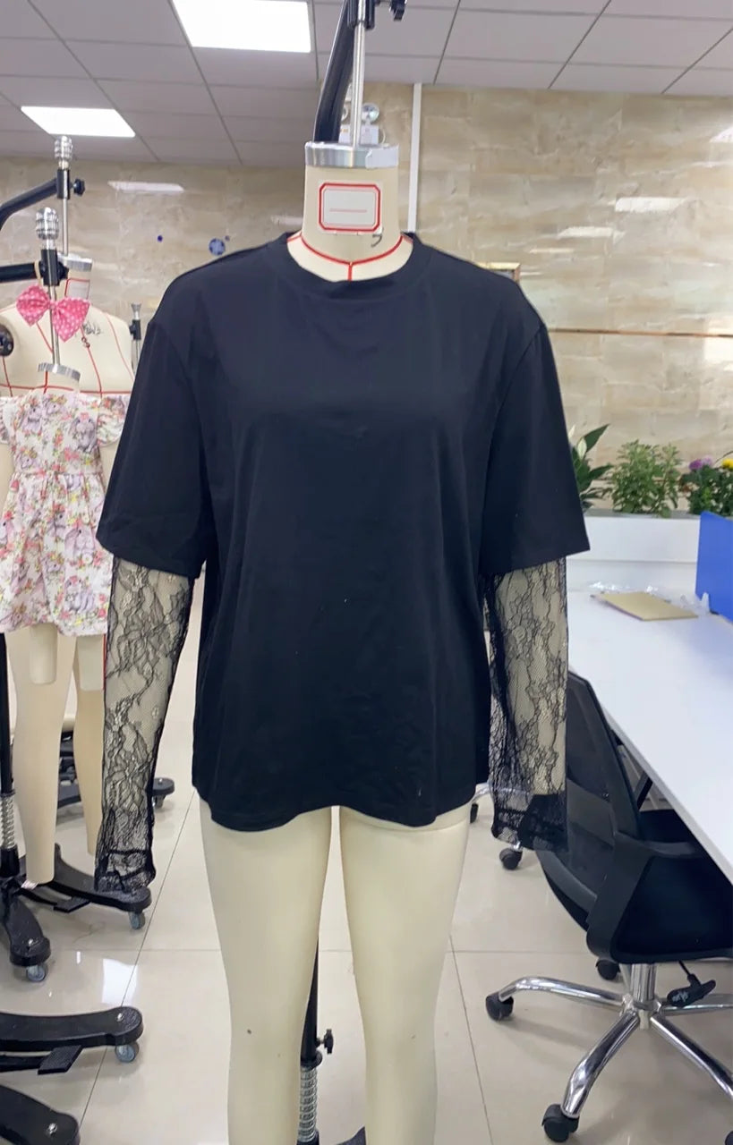 Fashion Women Round Neck T-Shirts Lace Long Sleeve Casual Shirts Spring Fall Loose Fit Tops Y2K Vintage Streetwear