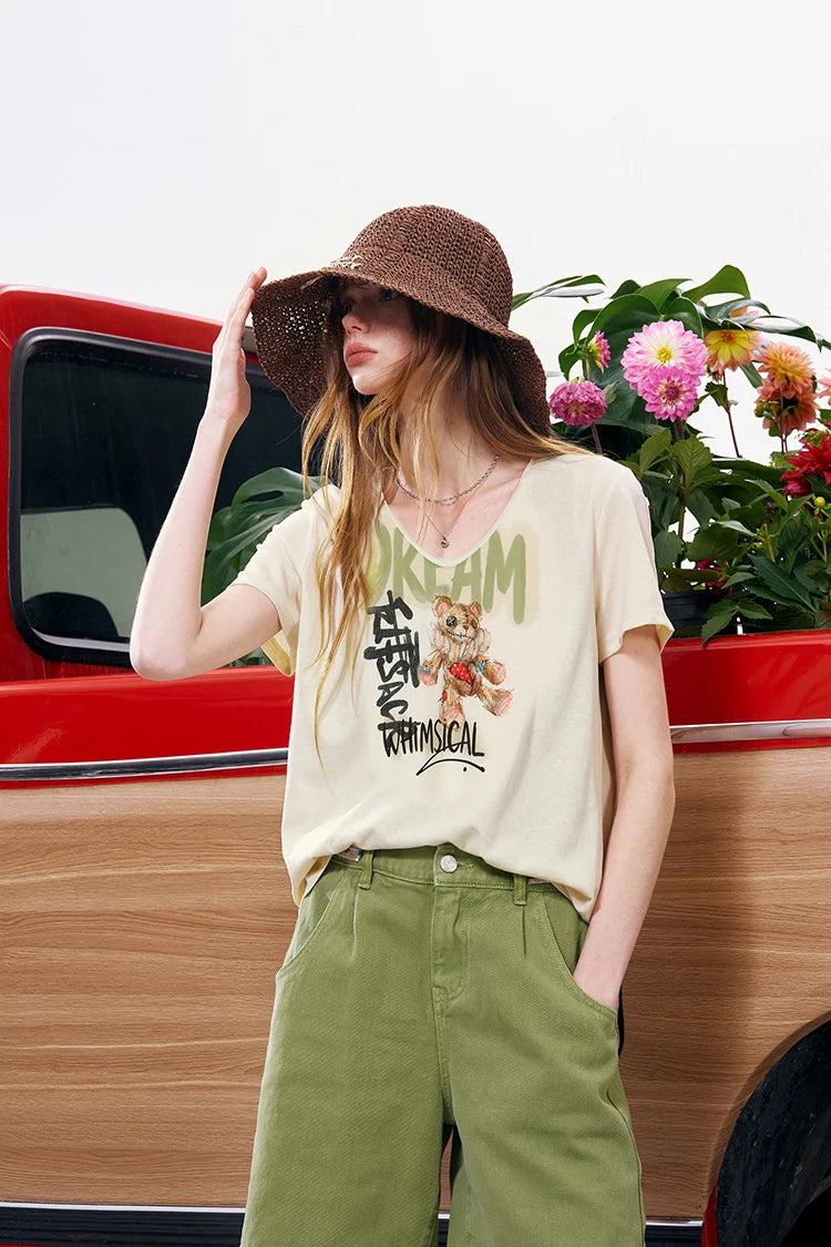 Women's V-Neck Casual T-Shirt with Graffiti Stitch Teddy Bear Graphic Print, Short Sleeve Regular Soft Tee for Summer