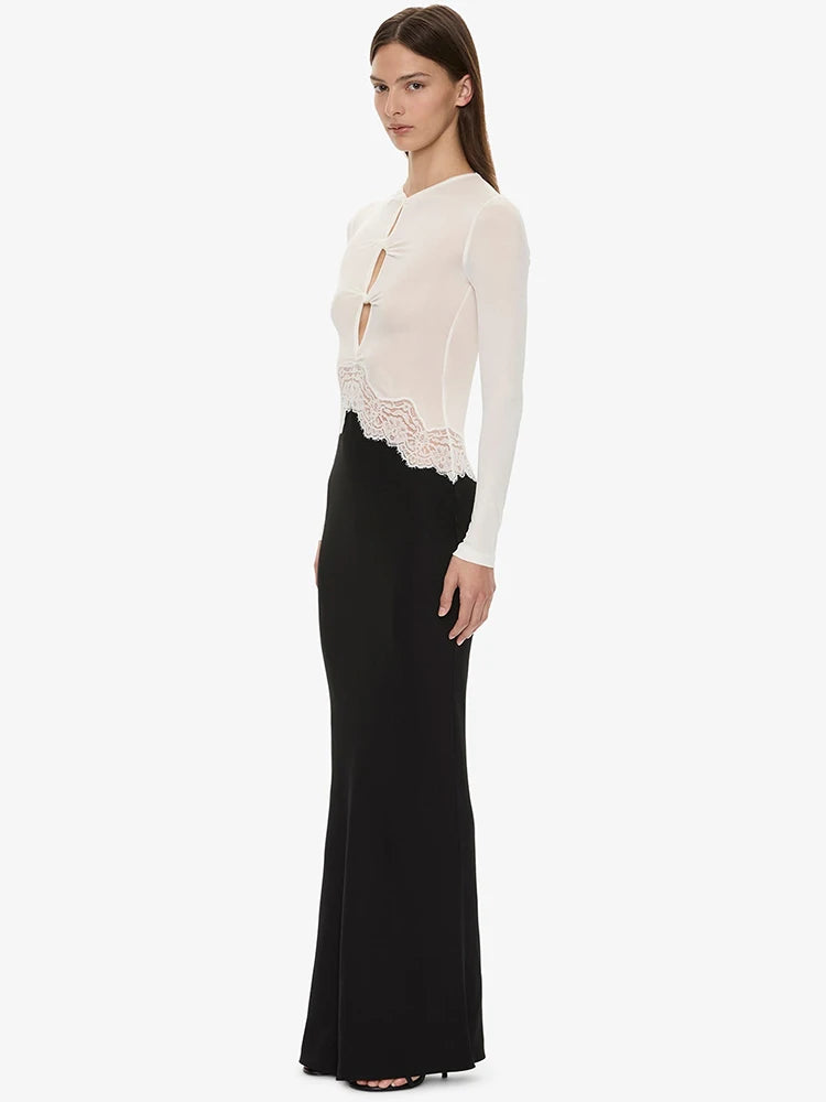 Women Color Block Maxi Dress Long Sleeve Cutout Mesh Top With Lace Trim Bodycon Mermaid Long Evening Party Dress