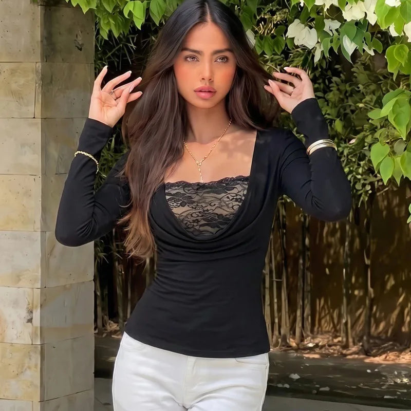 Y2k Shirts for Woman Draped Cowl Neck Long Sleeve Top with Lace Tube Top Two Piece Set White Black Fall 2026