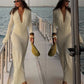 Sexy See Through Maxi Dress Women Deep V-Neck Full Sleeve Summer Vacation Fashion Beach Party Ruched Elegant Vestidos