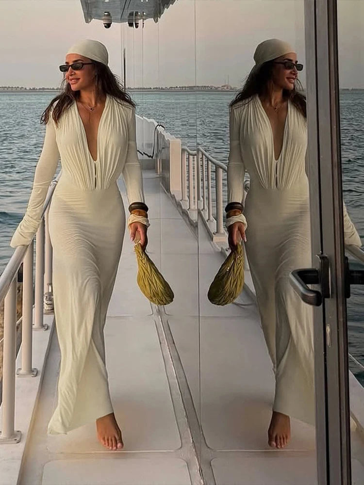 Sexy See Through Maxi Dress Women Deep V-Neck Full Sleeve Summer Vacation Fashion Beach Party Ruched Elegant Vestidos
