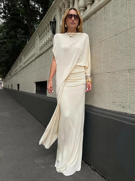 Elegant 2-Piece Set Women a Sleeve Irregular Hem Crop Tops+Folds Elastic Waist Long Skirts Solid Elasticity Fashion Suit