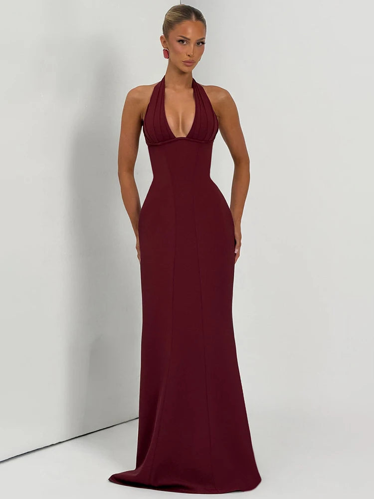 Women Halter Deep V Neck Sexy Maxi Dress Elegant Sleeveless Backless Bodycon Club Party Long Dresses Wedding Guest
