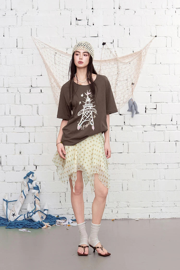 Polka Dot Irregular Hem Skirt, High-Waisted Flowy A-Line Mini Skirt