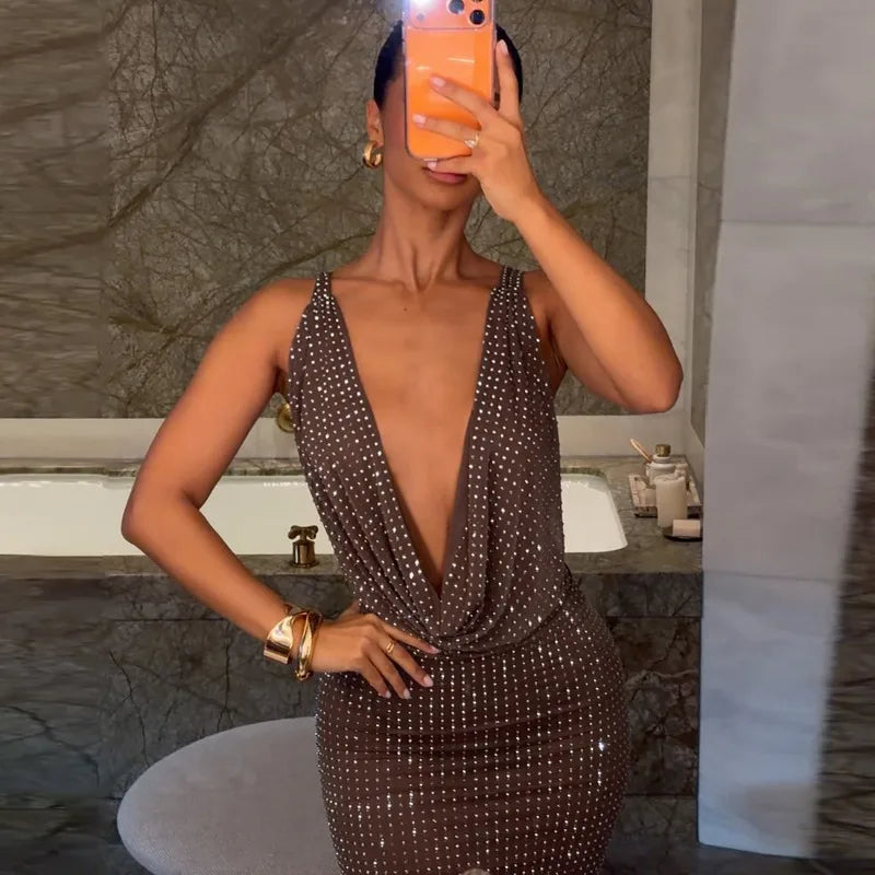 Shiny Rhinestone Deep V Backless Maxi Dresses Sexy Elegant Evening Gown Birthday Dress for Woman 2026