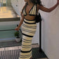 Knit Women 2 Piece Set Summer Trend Crochet Stripe v-Neck Bandage Camisole+Skirts Matching Stretch Elegant Clubwear