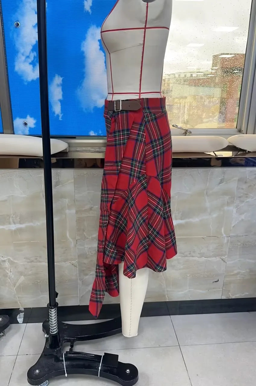 Vintage Asymmetrical Plaid Maxi Skirt for Women Gothic Pirate Elastic Waist A-Line Pleated Long Skirts Y2K Streetwear