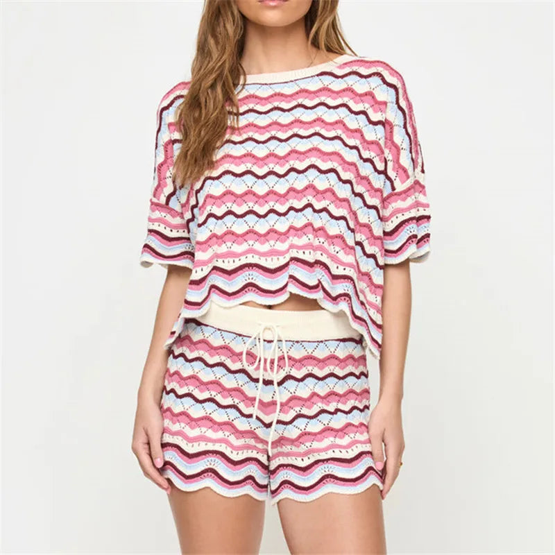 Women Boho Knit Striped Short Sleeve Eyelet Embroidered Hollowed Crop Top and Drawstring Micro Shorts 2 Pcs Matching Set