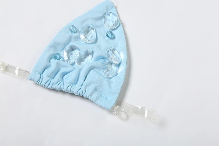 Sexy Fashion Bikini 2 Piece Set Women Small Droplets Decoration Bra Tops+Transparent Straps Thong Beach Style Outfits