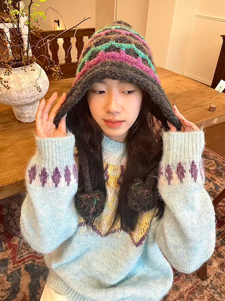 Casual Warm Striped Colorful Pom Pom Beanie For Women