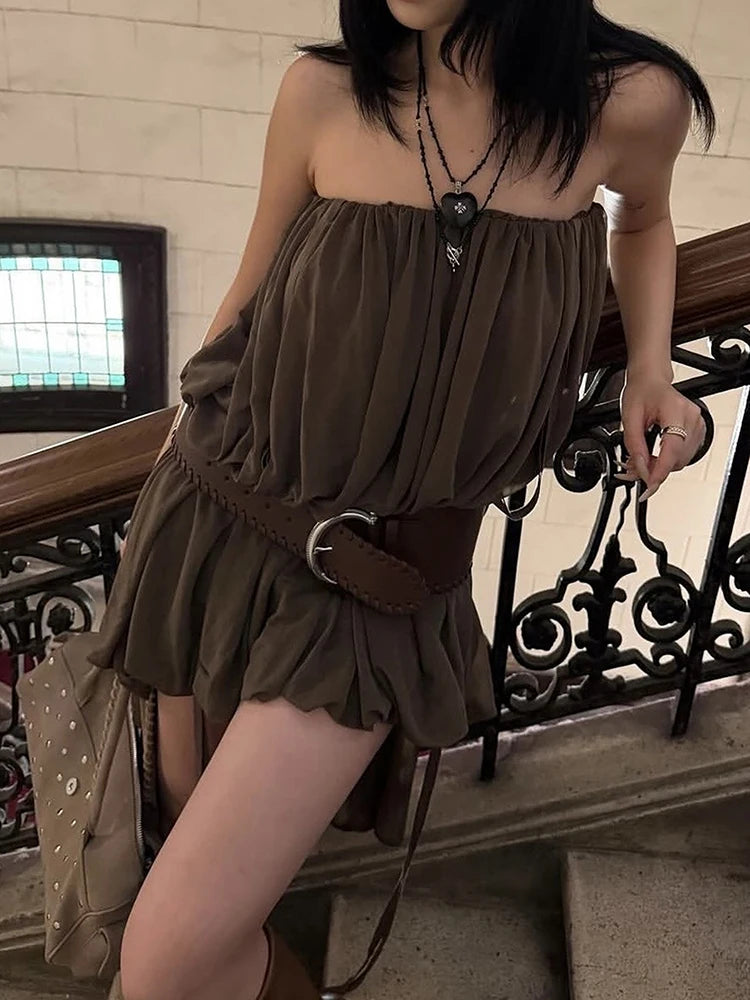 Irregular Hem Dress Women Chest Wrap Folds Drawstring Tassel Sleeveless Solid Summer Fashion High Street Sexy Bodycon
