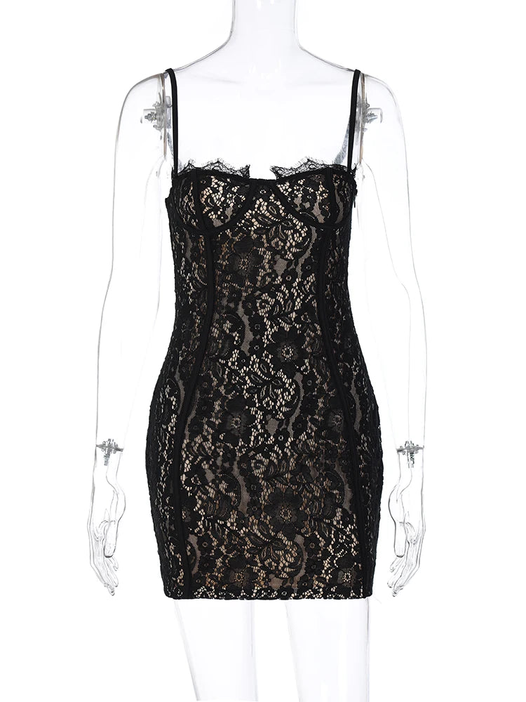Jacquard Double Deck Dress Party Women Y2K Sexy Lace Spaghetti Strap Body-Shaping Nighclub Summer Trend Mini Bodycon