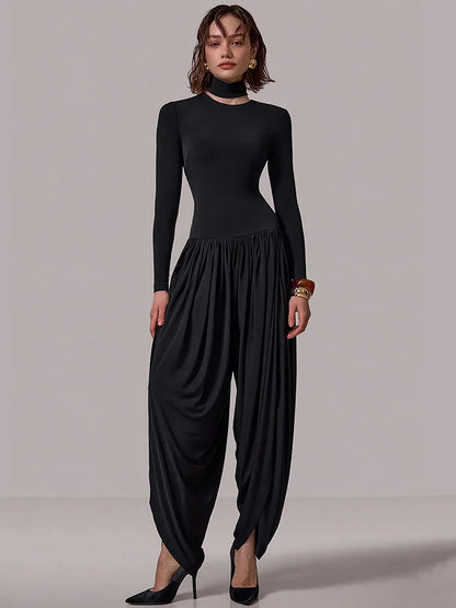 Long Sleeve Draped Sexy Jumpsuit Women Overalls Autumn Winter New Patchwork Solid Turtleneck High Waist Slim Jumpsuis