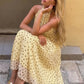 Yellow Polka Dot Summer Dresses 2026 Elegant Halter Backless Pleated Long Dress Woman Clothing