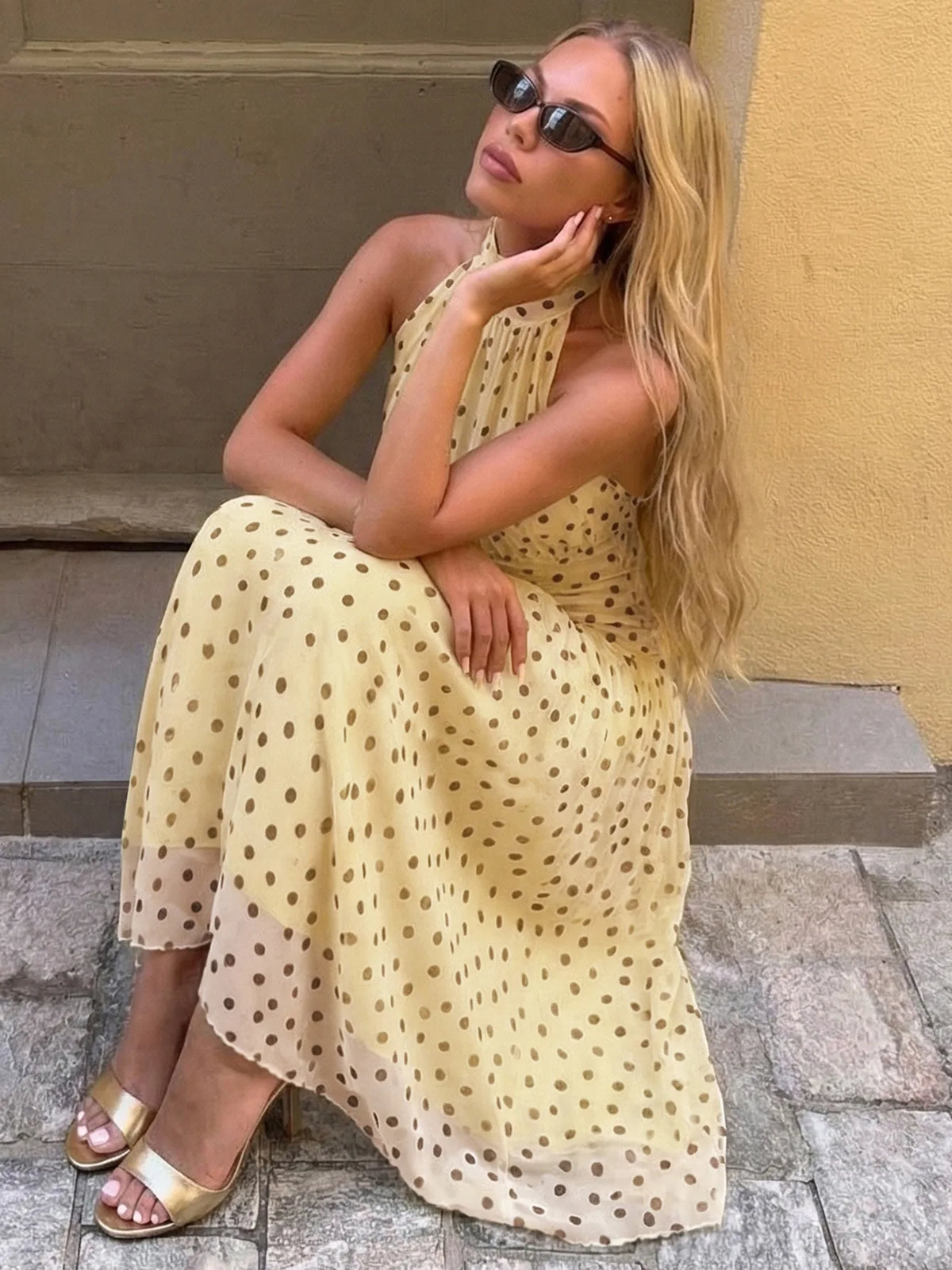 Yellow Polka Dot Summer Dresses 2026 Elegant Halter Backless Pleated Long Dress Woman Clothing