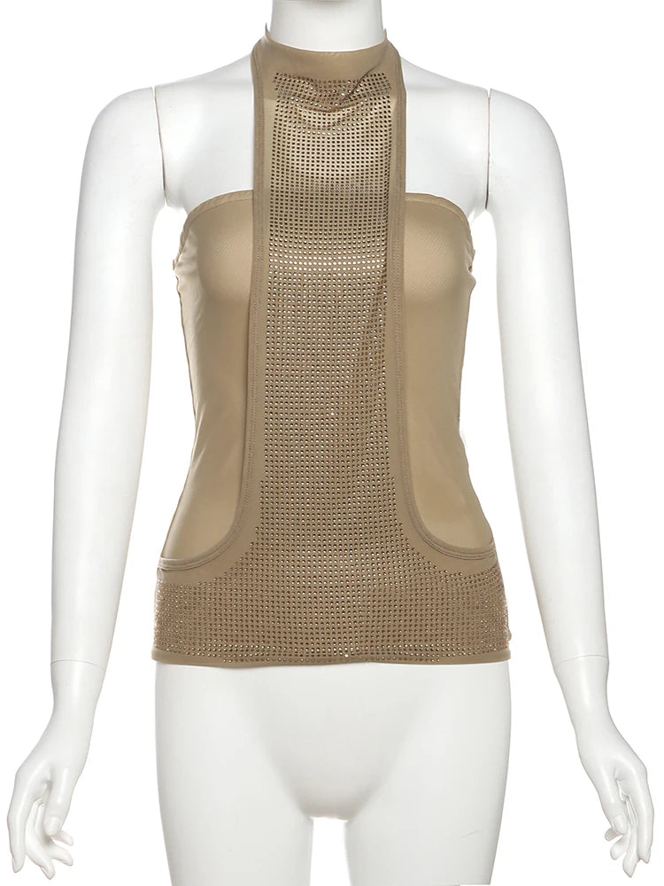 Plaid halter Tank Tops Women Patchwork Rhinestones Wrap Skinny Sleeveless Backless Summer Trend Midnight Hottie Tops