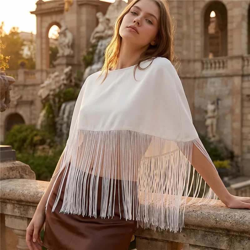 Women Fringe Cape Shawl Round Neck Short Poncho Tassel Hem Capelet Back Zipper Evening Party Cover Up Dressy Outerwear