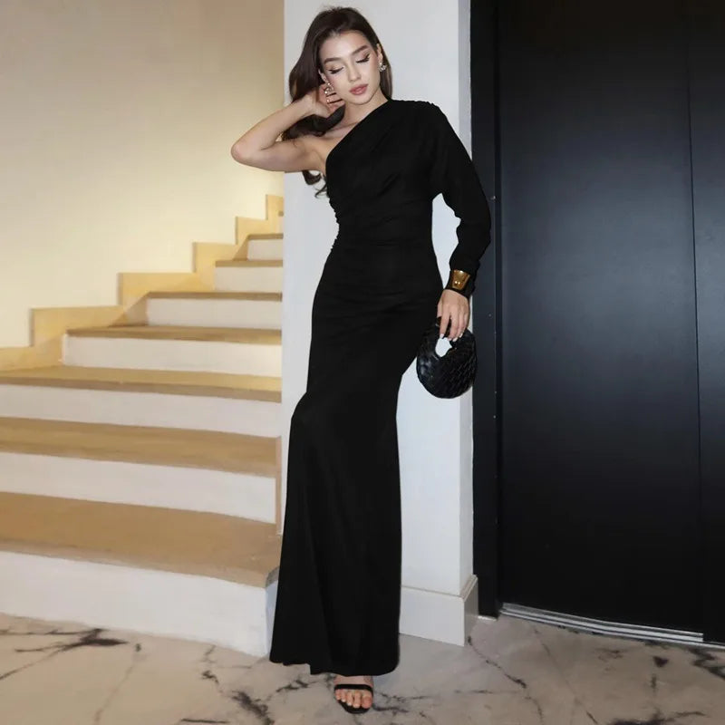 One Shoulder Long Sleeve Maxi Dress Brown Black Dresses Woman Elegant Fall Clothes 2025