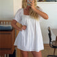 Square Neck Eyelet Lace Mini Dress Women Flutter Short Sleeve Front Button Pleated Loose Babydoll Summer Vacation Dress