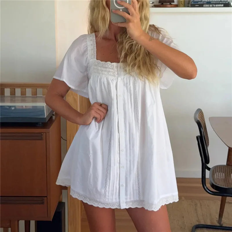 Square Neck Eyelet Lace Mini Dress Women Flutter Short Sleeve Front Button Pleated Loose Babydoll Summer Vacation Dress