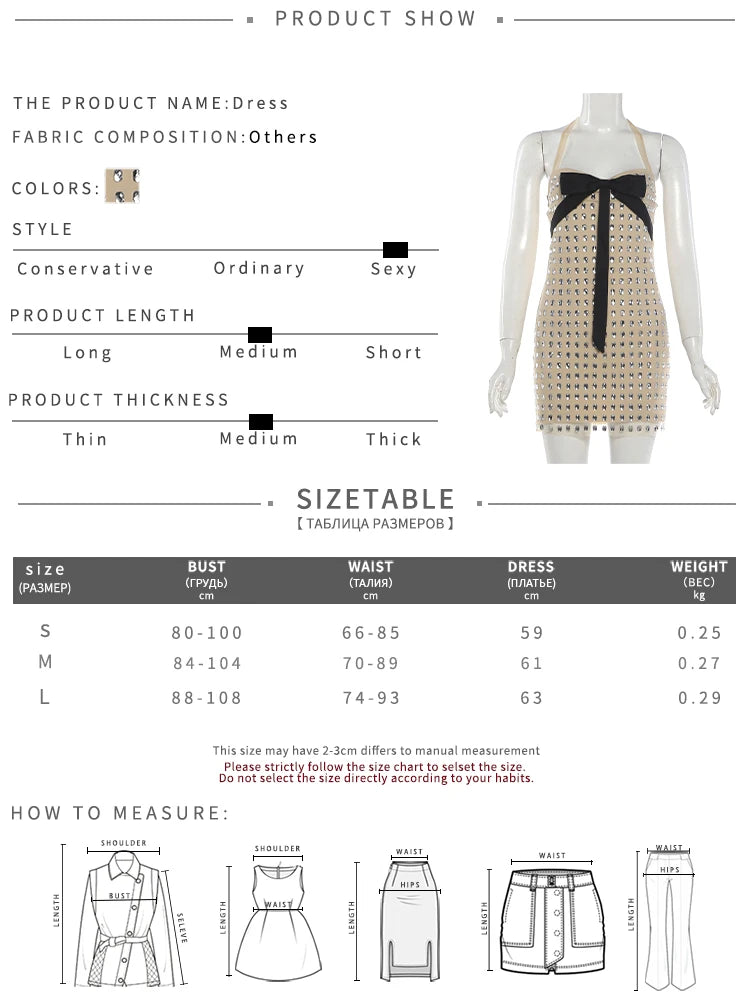 Rhinestone Decoration Dress Women Bow Tassel Halter Bandage Backless Sleeveless Skinny Sweet Fashion Party Bodycon