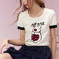 Cute Embroidered Crop Top for Women, Cartoon Knit T-Shirt with Black Cuffs, Perfect for Street Style & Casual Outfits