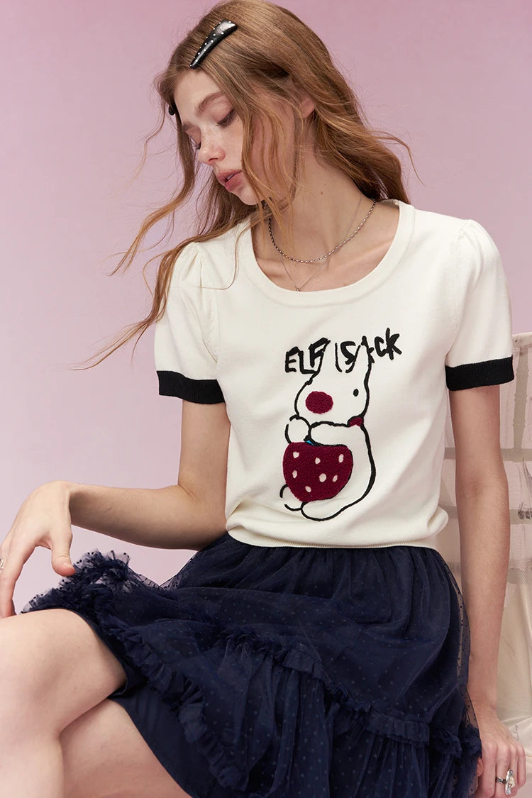 Cute Embroidered Crop Top for Women, Cartoon Knit T-Shirt with Black Cuffs, Perfect for Street Style & Casual Outfits