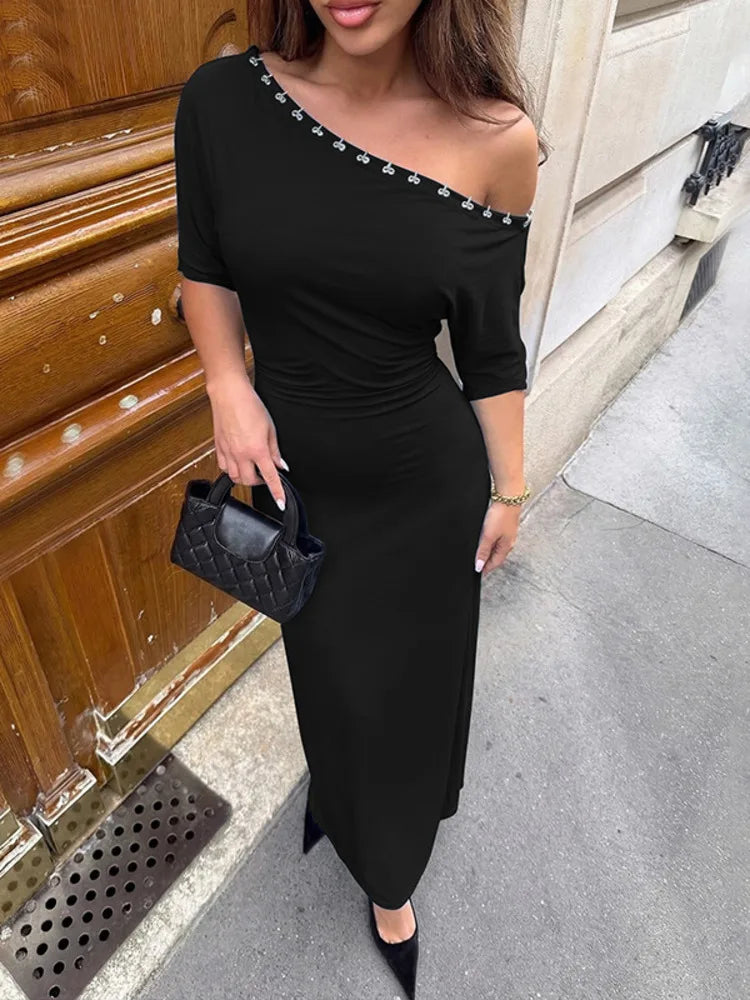 Off-shoulder Backless Sexy Maxi Dress Women Elegant Black Bodycon Ruched Split Party Club Long Dress Female Gown