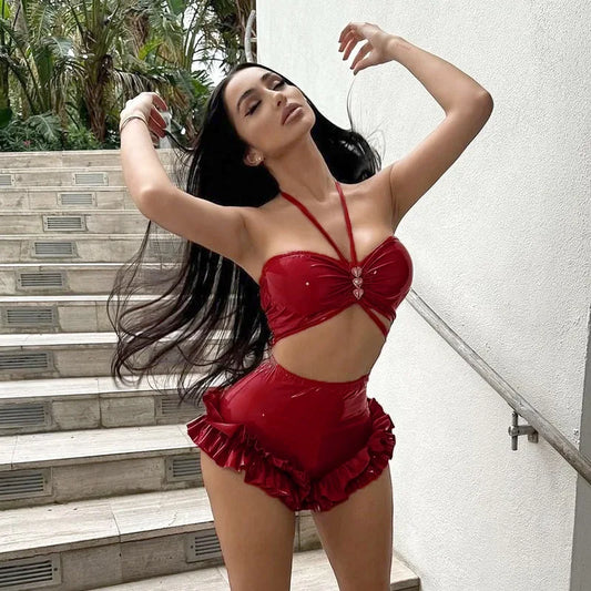 PU Leather 2 Piece Sets High Waist Ruffled Shorts and Top Sexy Clubbing Outfits for Women Festival Wear 2024