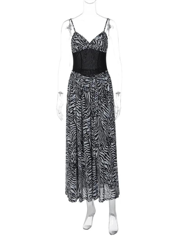 Women Zebra Print Spaghetti Strap Sexy Maxi Dress Mesh Patchwork Sweetheart Neck Sleeveless High Waist Long Party Dress