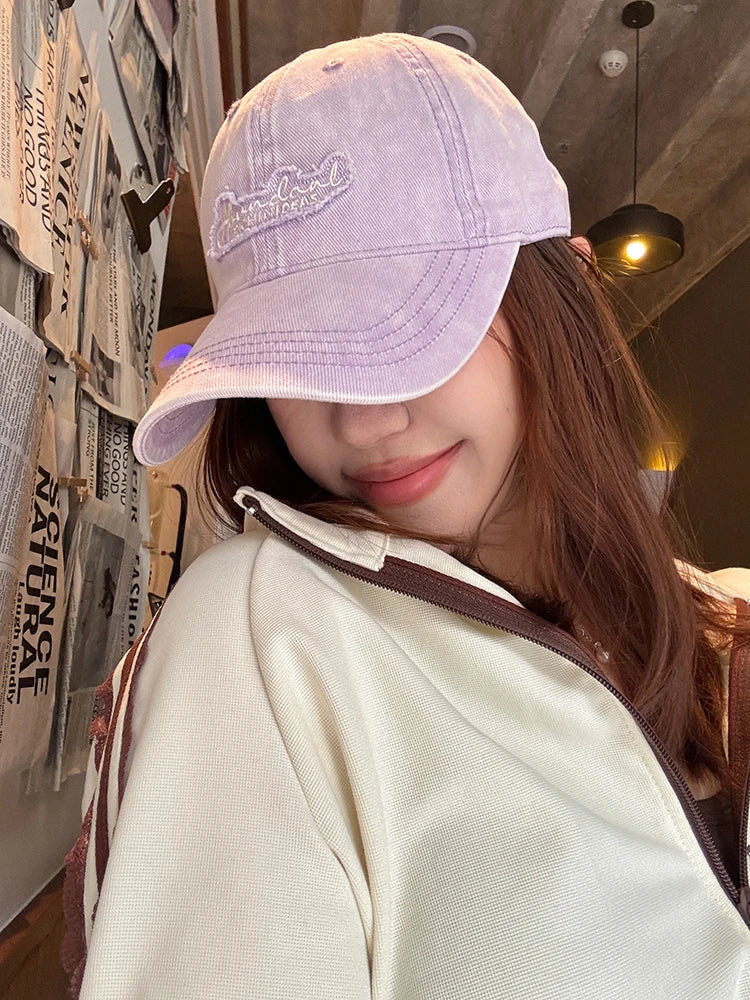 Vintage Washed Fashion Raw Edge Letter Embroidery Soft Top Baseball Cap Fashion Versatile for Women