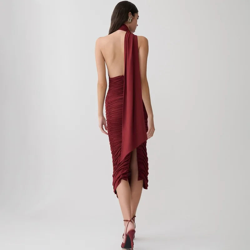 Draped Halter Neck Ruched Midi Dress Woman for Birthday Pictures Elegant Burgundy Party Dresses