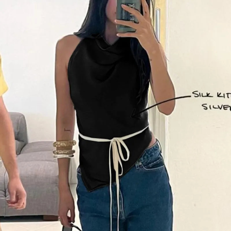 Women Summer High Street Sleeveless Satin Top Camisole Y2K Tie Halter Tops Backless Solid Color Top Party Clubwear