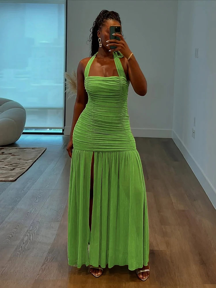 Ruched Halter Dress Women Summer Trend Sleeveless Backless Patchwork Mesh Hem Midnight Clubwear Party Maxi Bodycon