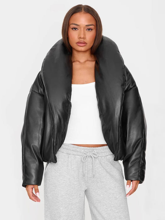PU Waterproof Crop Puffer Jacket Women Winter Warm Leather Stand Collar Quilted Parkas Full Sleeve Streetwear Coat
