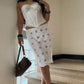 Women Satin Dots Midi Skirt Silky Elastic Waist Flowy Hem Bodycon Slip Skirts Aesthetic Vintage Fairy Y2k A-line Dress
