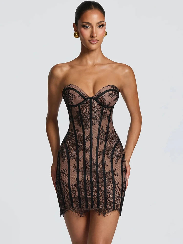 Lace Strapless Mermaid Mini Dress Women Sweetheart Neck Sheer Mesh Bodycon Short Gown Evening Party Cocktail Vestidos