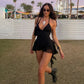 Sexy Black Jumpsuits Street Wear Rave Outfits Deep V Mesh Ruffle Fringe Rompers Woman Summer Clothes 2025