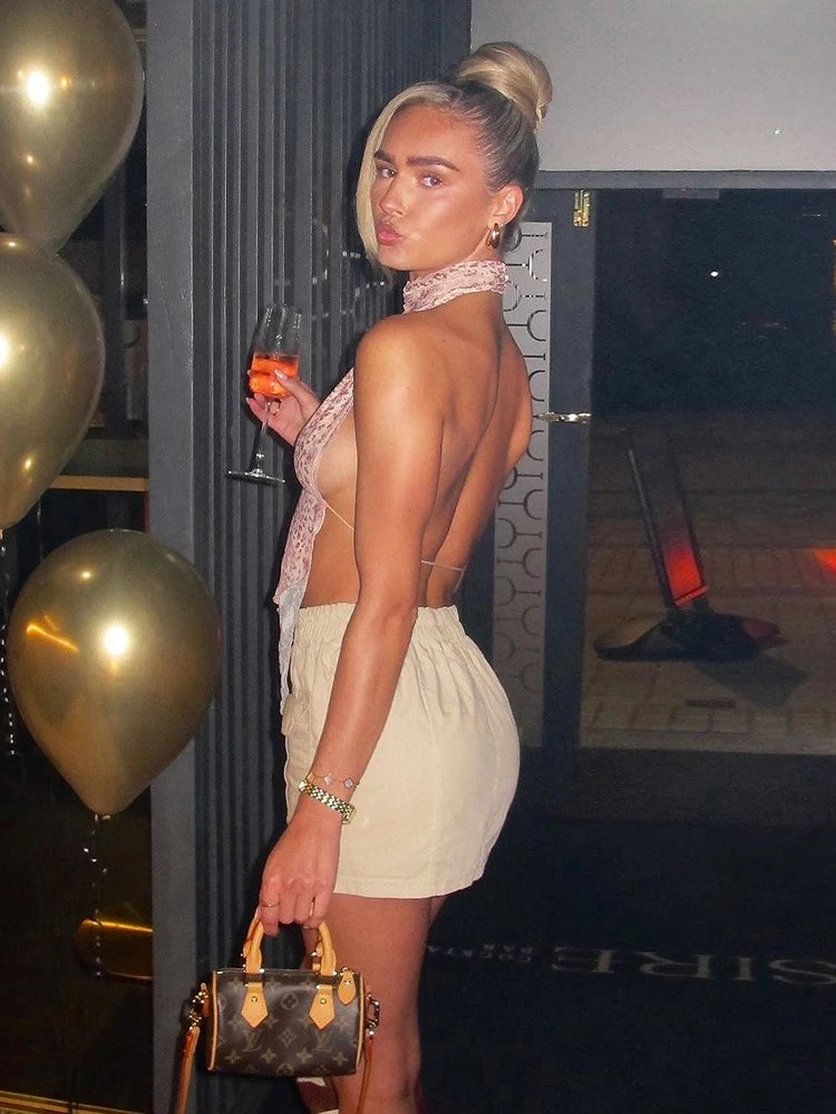 Leopard Print Backless Camisole Women Y2K Sexy Shirring Ruched Halter Sleeveless Elegant Party Summer Trend Slim Vest