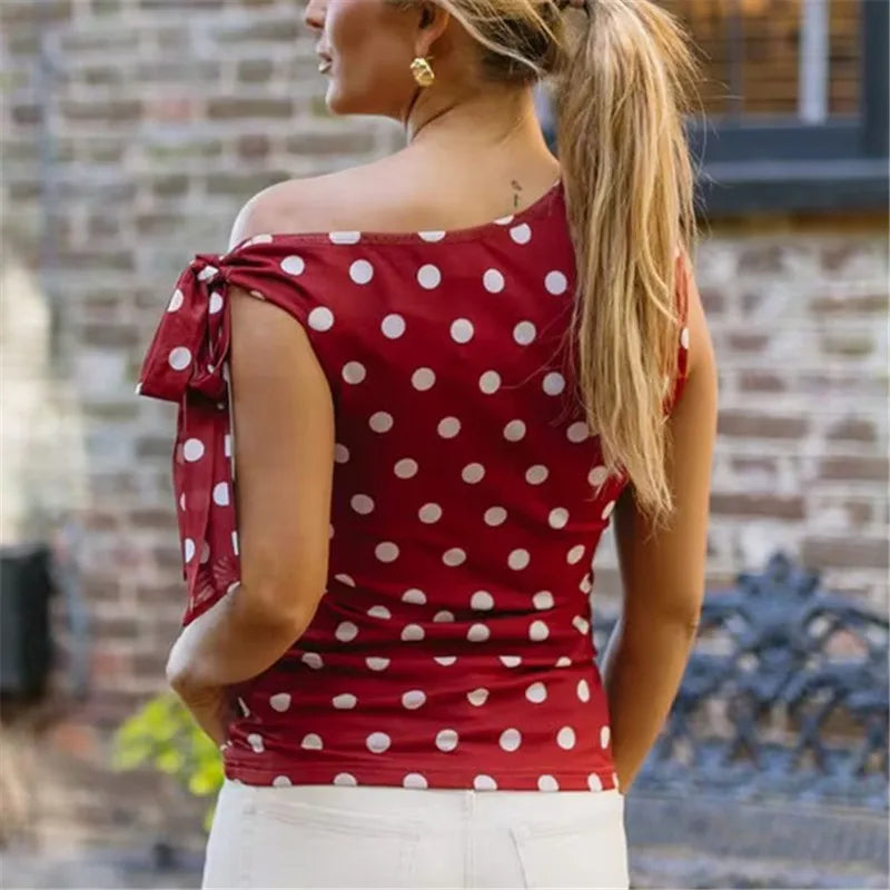 Elegant Polka Dot One Shoulder Top for Women Tie Detail Slim Fit Ruched Casual Summer Daily Wear Streetwear Party Outfit