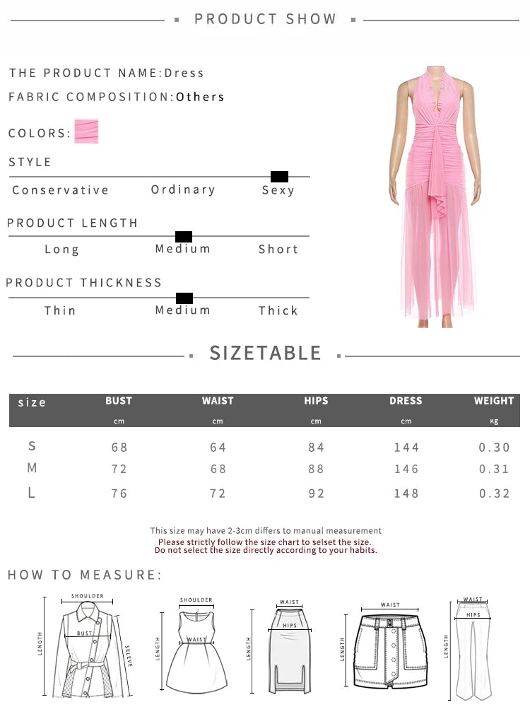 Elegant Backless Dress Women Deep V-Neck Halter Ruched Split Mesh Patchwork Sexy Party Club Peach Buttocks Vestidos