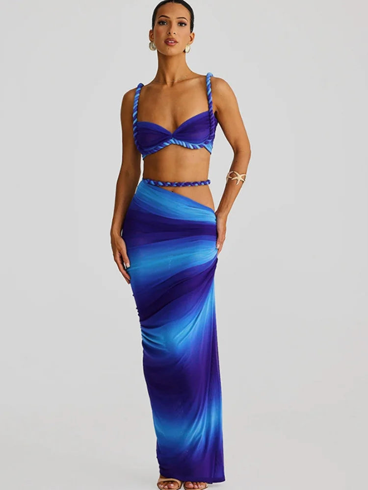 2 Piece Set Twisted Hollowed Out Crop Top and Long Skirt Vacation Outfits Women Summer Beach Party Dress