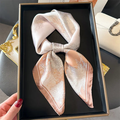 Luxury Floral Print 70cm Square Silk Scarf Women Designer Scarves Bandana Foulard Shawl Hijab Echarpe Hairband Tie Ribbon